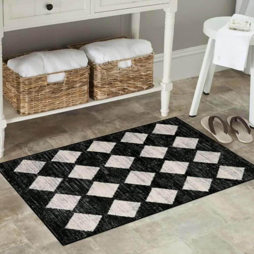 New 2x3 Moroccan Trellis Rug, Black Checkered Non-Slip Mat for Home & Entry